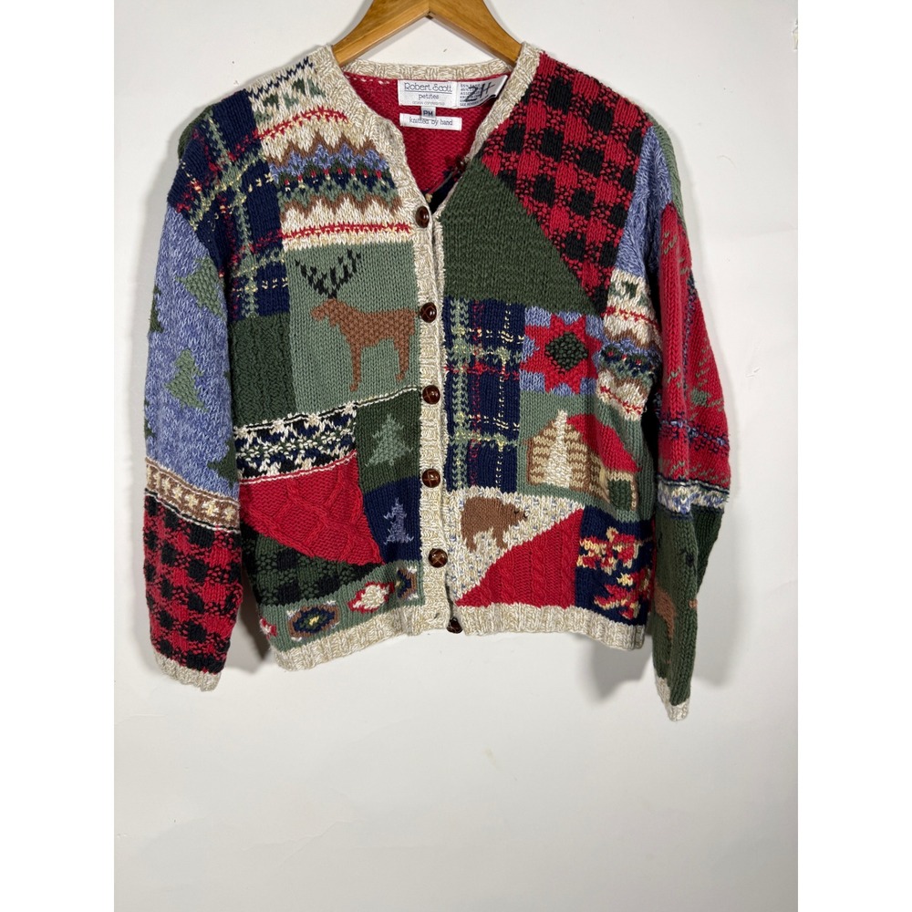 Robert Scott Petites Patchwork Cardigan Sweater Winter Cabin Deer Hand Knit PM